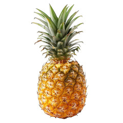 A whole pineapple, vibrant yellow-gold skin, with green leaves