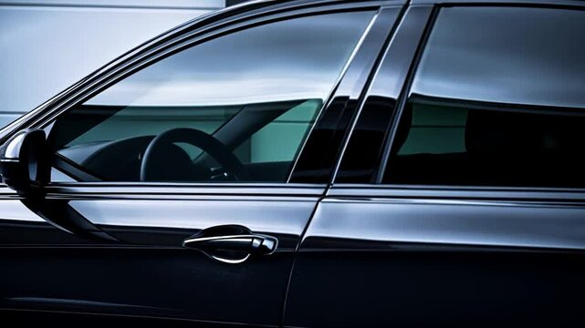 Close-up of a black car door with tinted windows
