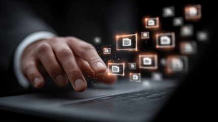 A human hand interacts with a laptop, visualizing the seamless flow of digital data and information management.