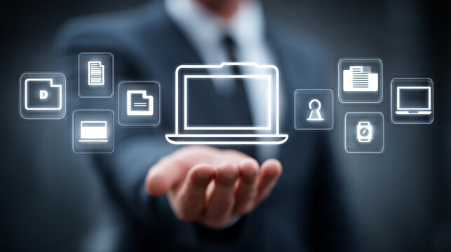 A business professional extends a hand showcasing a network of digital information and secure technology.