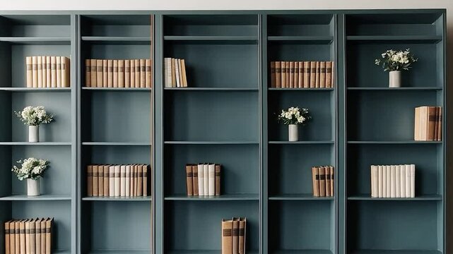 Bookshelves filled with books and small bouquets of flowers