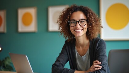 Confident woman with curly hair sits at desk in modern office. Dressed in casual attire, smiling, looking directly at camera. Gray sweater, white collared shirt, black pants, computer on desk.