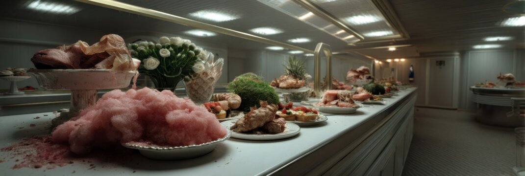 Luxurious abandoned cruise ship galley with gourmet display