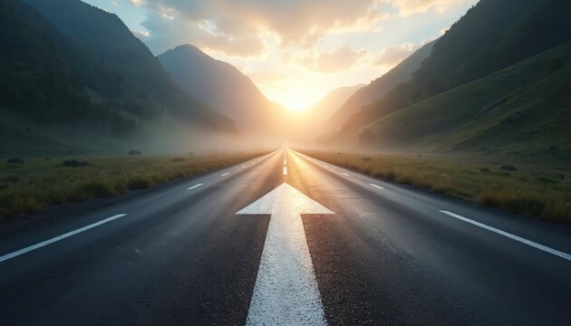 Asphalt road with white arrow symbol points forward into misty mountains at sunrise. Represents progress, direction, and motivation for journey, business, or life path.