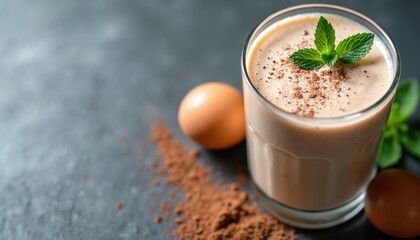 Creamy protein shake with mint garnish, cocoa powder, egg. Perfect for post-workout recovery, healthy breakfast, nutritious snack. Boosts energy, aids in muscle gain for athletes, fitness enthusiasts.