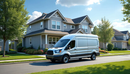 White F-150 truck parked outside two-story suburban home. House has gray roof, red door in quiet neighborhood. Clear blue sky with few clouds. HVAC service van for maintenance, equipment, technician