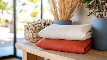 Stacked blankets on wooden surface