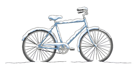 Fototapeta premium Blue bicycle covered in snow on white background 