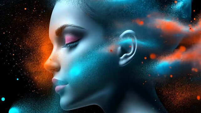 Abstract female face with vibrant powder explosions