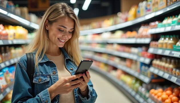 Smiling woman uses smartphone grocery shopping in supermarket. Holds phone with both hands, browsing for items amidst shelves stocked with food products. Modern consumer technology aids market visit.