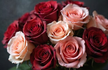 Obraz premium Bouquet of roses in shades of deep red, soft pink, peach. Delicate petals showcase subtle texture variations against dark, muted background. Captures elegance, romance, natural beauty, suitable for