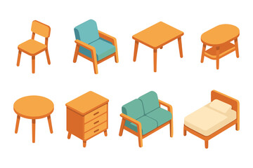 Isometric furniture set: modern chairs, tables, and sofa collection for interior design