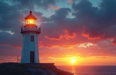Coastal lighthouse beams light at vibrant sunrise over calm ocean. Dramatic sky with colorful clouds, warm illumination. Serene seascape, tranquil dawn atmosphere. Maritime navigation beacon stands
