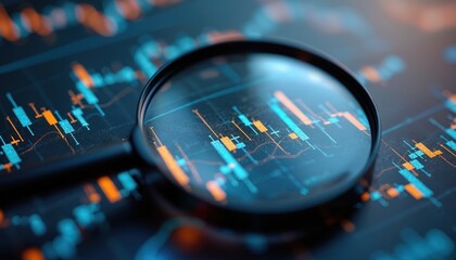 Magnifying glass over collection of trading cards. Trading cards arranged diagonally, colors blending into vibrant display. Dark gray background provides contrast.