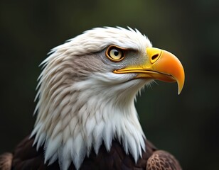 Obraz premium Bald eagle close-up portrait shows detailed head, sharp eye, and powerful beak. Majestic bird of prey in natural outdoor environment with blurred background.