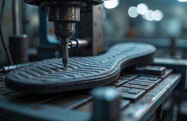 Close-up of shoe sole manufacturing process. Machine operates on rubber sole with intricate pattern. Industrial footwear production, factory setting focused on craftsmanship, modern machinery for
