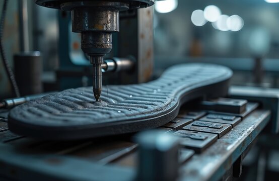 Close-up of shoe sole manufacturing process. Machine operates on rubber sole with intricate pattern. Industrial footwear production, factory setting focused on craftsmanship, modern machinery for - Powered by Adobe