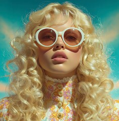 Retro Fashion Model Closeup: Floral Pastel Sunglasses with Big Blonde Curls, Surreal Sky Blue Gradient 80s Aesthetic Photography