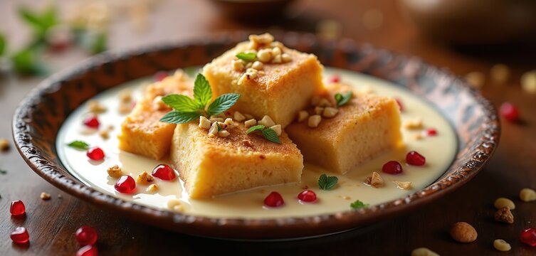 Shahi Tukda dessert, soft fried bread soaked in sweet creamy milk, topped with nuts, mint, pomegranate seeds. Traditional Indian delicacy, perfect for festive occasions, celebrations, offering rich