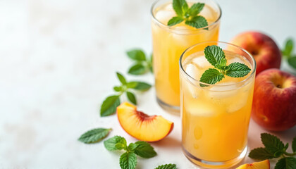 Two tall glasses filled with cold peach fizz drink iced tea, garnished with fresh mint leaves. Whole peaches, slices rest nearby. Refreshing summer beverage, perfect for restaurant menus homemade