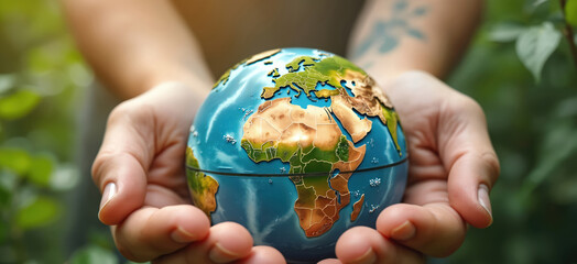 Illustration shows hands holding planet Earth, social responsibility, corporate ethics. Represents business strategy for global conservation, resource respect, fair human rights, promoting ecological