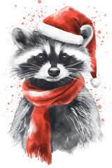 Watercolor raccoon wearing a red santa hat and scarf. Cute animal portrait for Winter Holiday theme. Christmas greeting card.