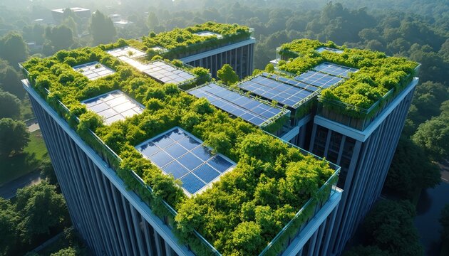 Aerial view of modern corporate building featuring green roof with integrated solar panels. Vegetation surrounds photovoltaic units, sustainable architecture, commitment to renewable energy,