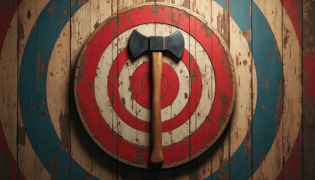 Axe throwing competition target with axe in center bullseye. Wood material with red blue white rings. Rustic timber background. Sharpened axe blade. Sport, recreation, skill, aim.