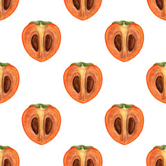 Orange persimmon, watercolor seamless pattern on white background. Hand drawn fruit illustration for packaging, wrapping, fabric, paper.