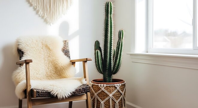 A cozy room featuring a wooden chair draped with a sheepskin, a tall cactus in a woven planter, and a bright window.