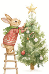 Cute watercolor rabbit decorating a Christmas tree with ornaments. Festive holiday scene for greeting card design.