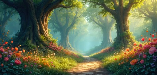 Serene forest scene with winding trail, stone path, colorful flowers, foliage, green plants. Vibrant red, orange flowers, delicate white flowers, dense canopy above. Soft warm light filters through