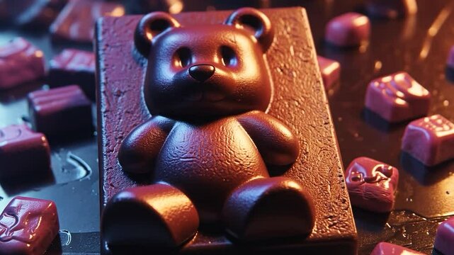 Chocolate bear shaped bar surrounded by other chocolates