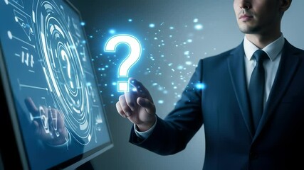 Businessman in Blue Suit Touching a Glowing Question Mark on Digital Interface with Blurred Background - Powered by Adobe