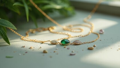 Fototapeta premium Elegant gold necklace with green emerald, diamond accents. Delicate chain rests near green leaves, scattered pebbles. Soft natural light creates serene, luxurious atmosphere. Perfect for fashion,