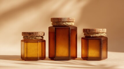 Stacked hexagonal honey jars with rustic lids set against a soft beige background for beekeeping and honey branding