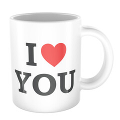 I love you, white ceramic mug. 3D rendering isolated on transparent background