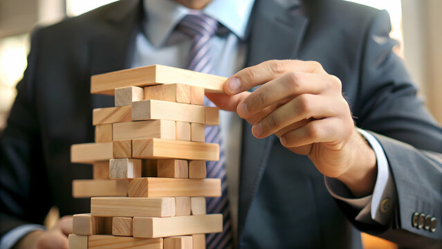 Businessman Plays Jenga as Metaphor for Strategy, Balance and Risk"