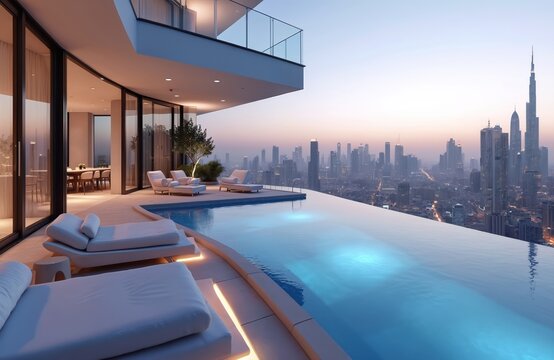 Luxury Dubai skyline view from rooftop infinity pool. Modern penthouse apartment with chic lounge furniture. Serene urban oasis, exclusive residence, city panorama at sunset, upscale living.