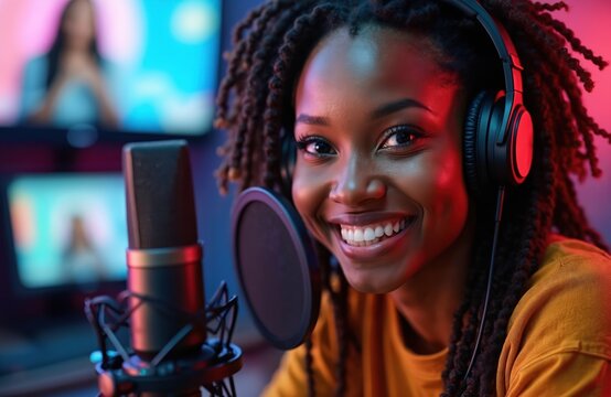 African American woman with headphones records podcast in studio. Smiling host uses microphone, laptop, computer for live broadcast, online audience engagement. Neon lights set up for content