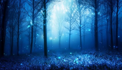 mystical magical blue forest at night illuminated by glowing lights enchanting atmosphere