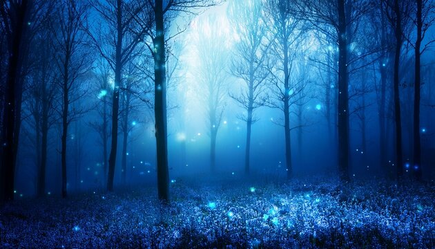 mystical magical blue forest at night illuminated by glowing lights enchanting atmosphere