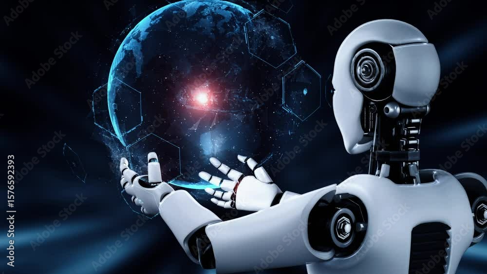 Poster ai hominoid robot holding hologram screen shows concept of global communication network using artifi