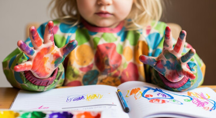Little girl with colorful paint on her hands showing her artwork in a book on a wooden table
