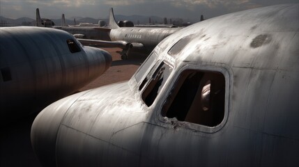 Obraz premium Decommissioned aircraft boneyard with weathered fuselages in desert landscape