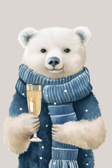 A cute polar bear in a long sleeve winter sweater and striped scarf holding a glass of champagne. Winter holiday celebration.
