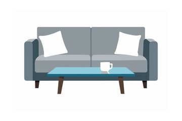 Contemporary Grey Sofa With Throw Pillows And Glass Table