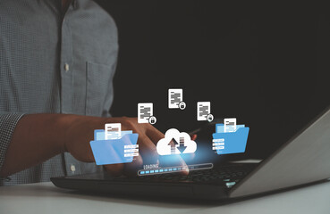 Secure cloud data transfer and file sharing via computer with folder icon, data upload download...