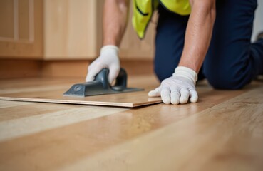 Person uses tile smoother to smooth textured wooden floor. Yellow hard hat, blue jacket. Gray floor, uneven wood surface. Smoother tile coverage, wood texture remains. Construction worker at work on