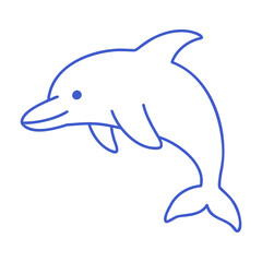 Jumping dolphin in marine blue line art style. Hand drawn marine icon. Outline vector isolated illustration. 